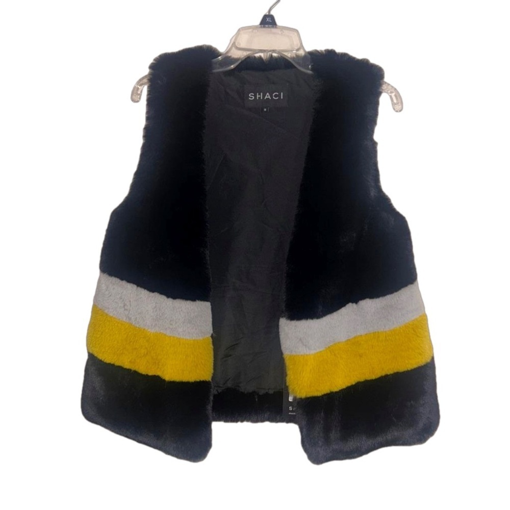 NWT Shaci Faux Puffer Fur Black and Yellow Festival Vest Small